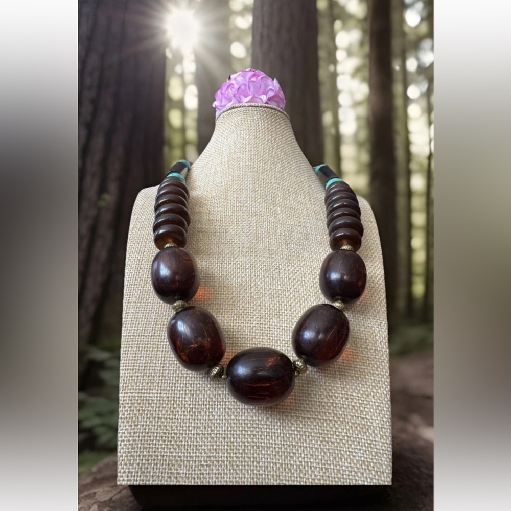 Vintage Ethnic Indo/Tibet Tribal Translucent Dark Cognac Amber Resin Necklace
